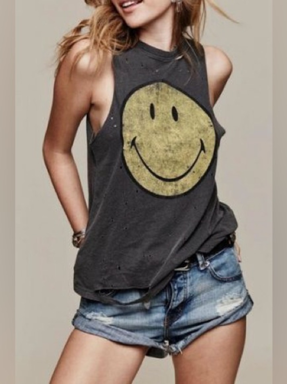Daydreamer Charcoal Tank Top Holes Ripped Yellow Smiley Face Sleeveless Top